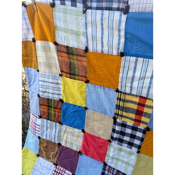 Vintage 50's Quilt From Mens Shirts Fabric Patchwork Tied 68x79" - Picture 9 of 16
